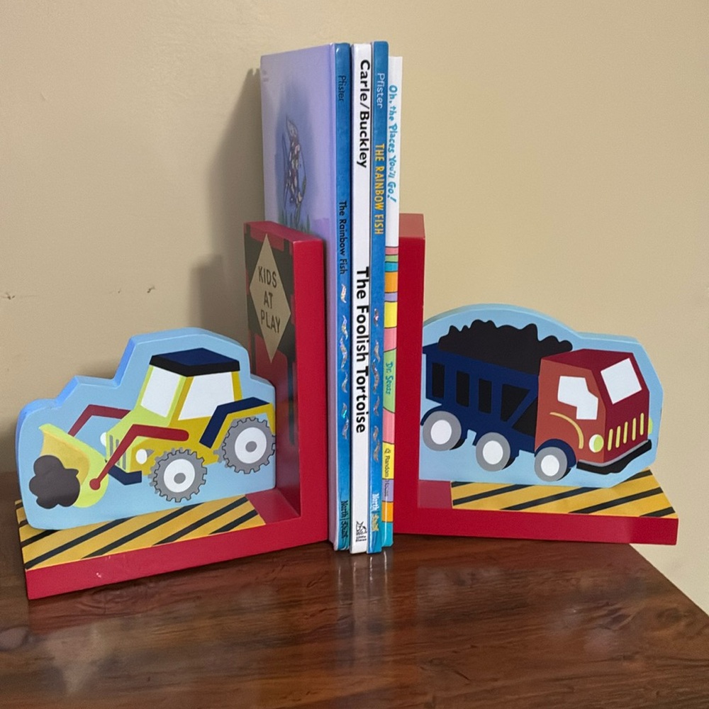 Kids Construction Truck Bookends - Red and Blue